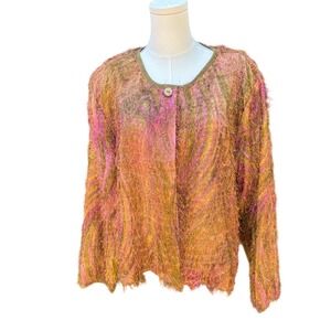 NWT Mlle Gabrielle Metallic Eyelash Knit Olive & Purple Zebra Pattern Sweater